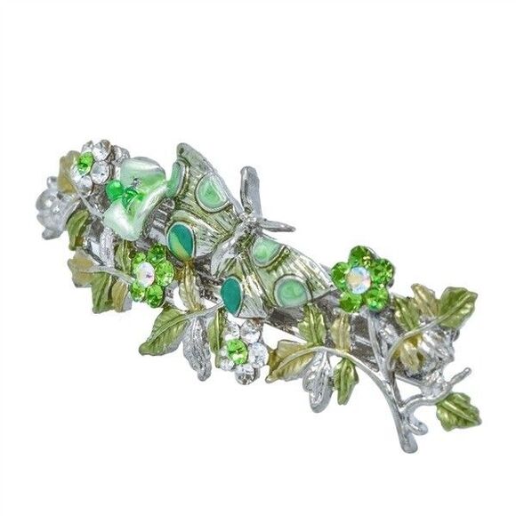 Accessories - The Crystal Butterfly and Flower Green Barrette